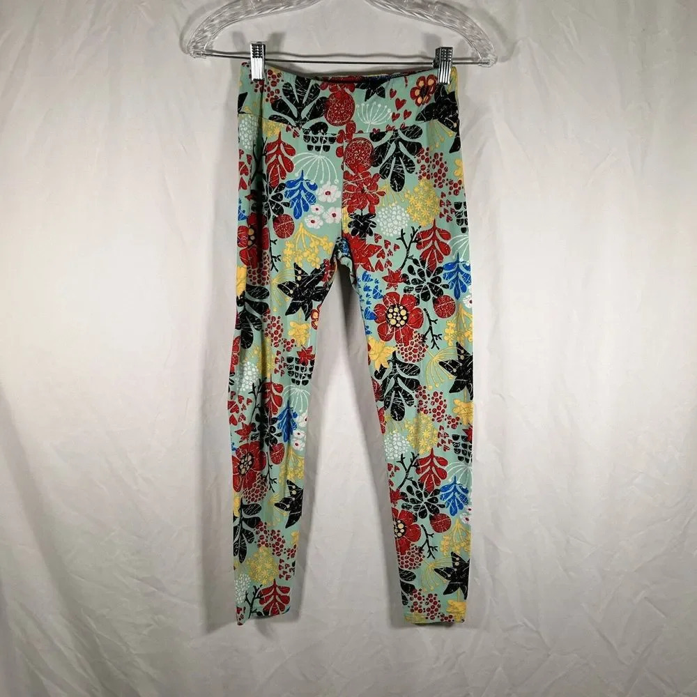 LulaRoe Leggings Women's One Size Pull On Blue Floral Mid Rise Stretchy